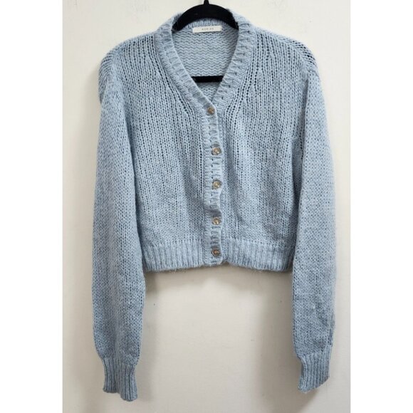 Merge Blue Ribbed Knit Button Front Cardigan Women’s V-Neck Long Sleeve Sweater - Picture 2 of 9